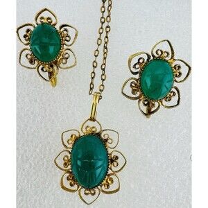 Vintage 12K Gold Filled Green Scarab Necklace 23” w Clip Earrings Filigree Set